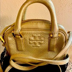 Tory Burch pewter crossbody with handles.